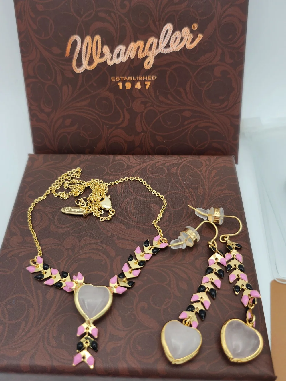 Wrangler Gold-Tone Pink & Black Heart Necklace and Earrings Set